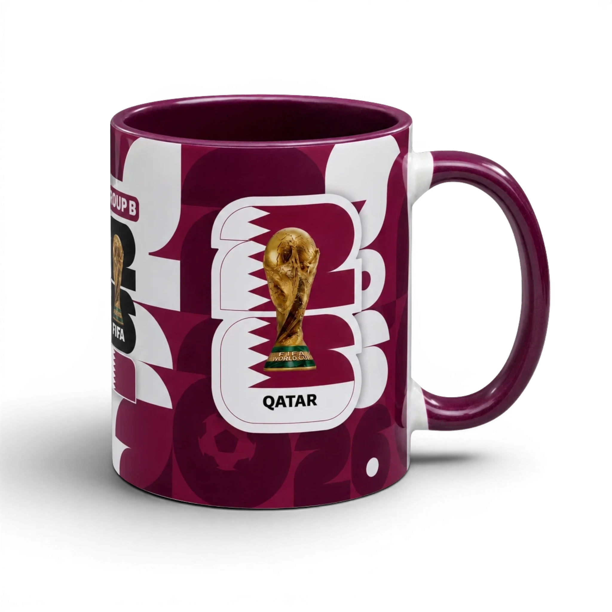 Fann Bliss FIFA World Cup Qatar 2022 commemorative mug in maroon and white with trophy graphic and "Group B" text.