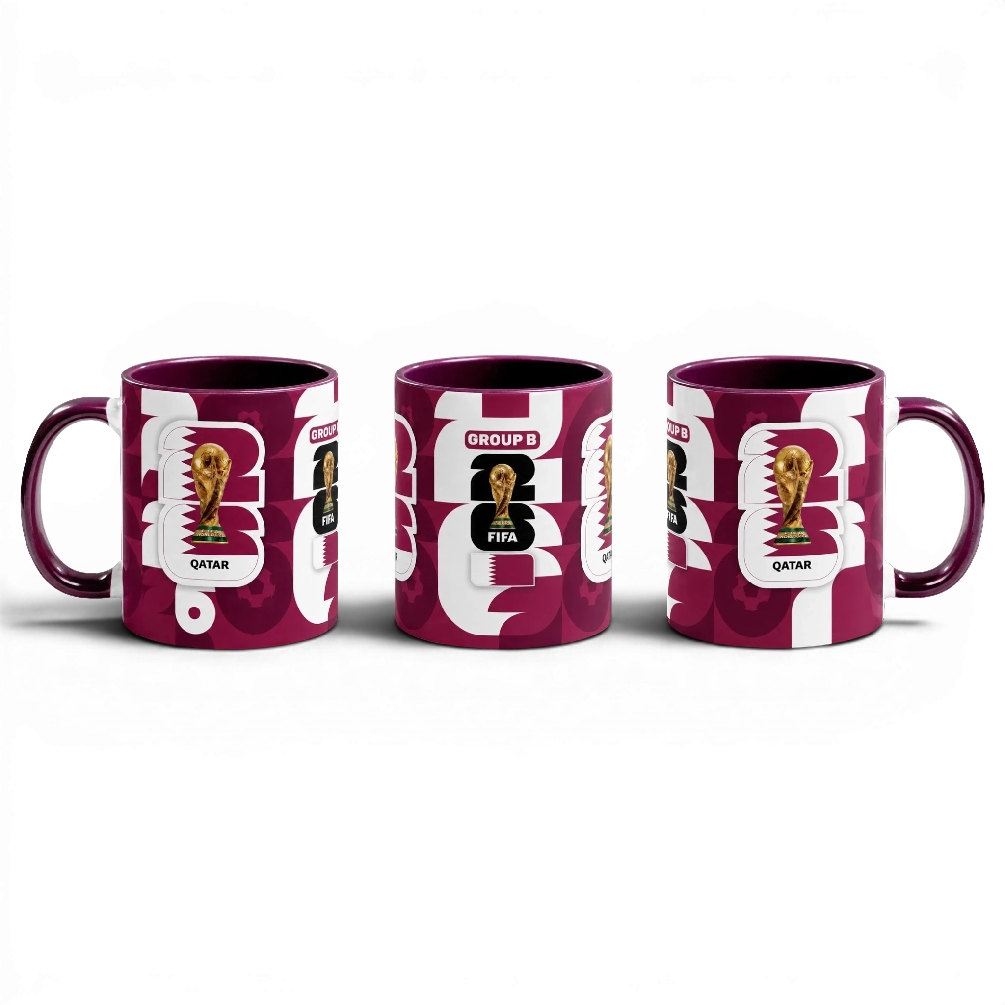 Fann Bliss FIFA World Cup Qatar 2022 commemorative mug in maroon and white with trophy and Group B designation.
