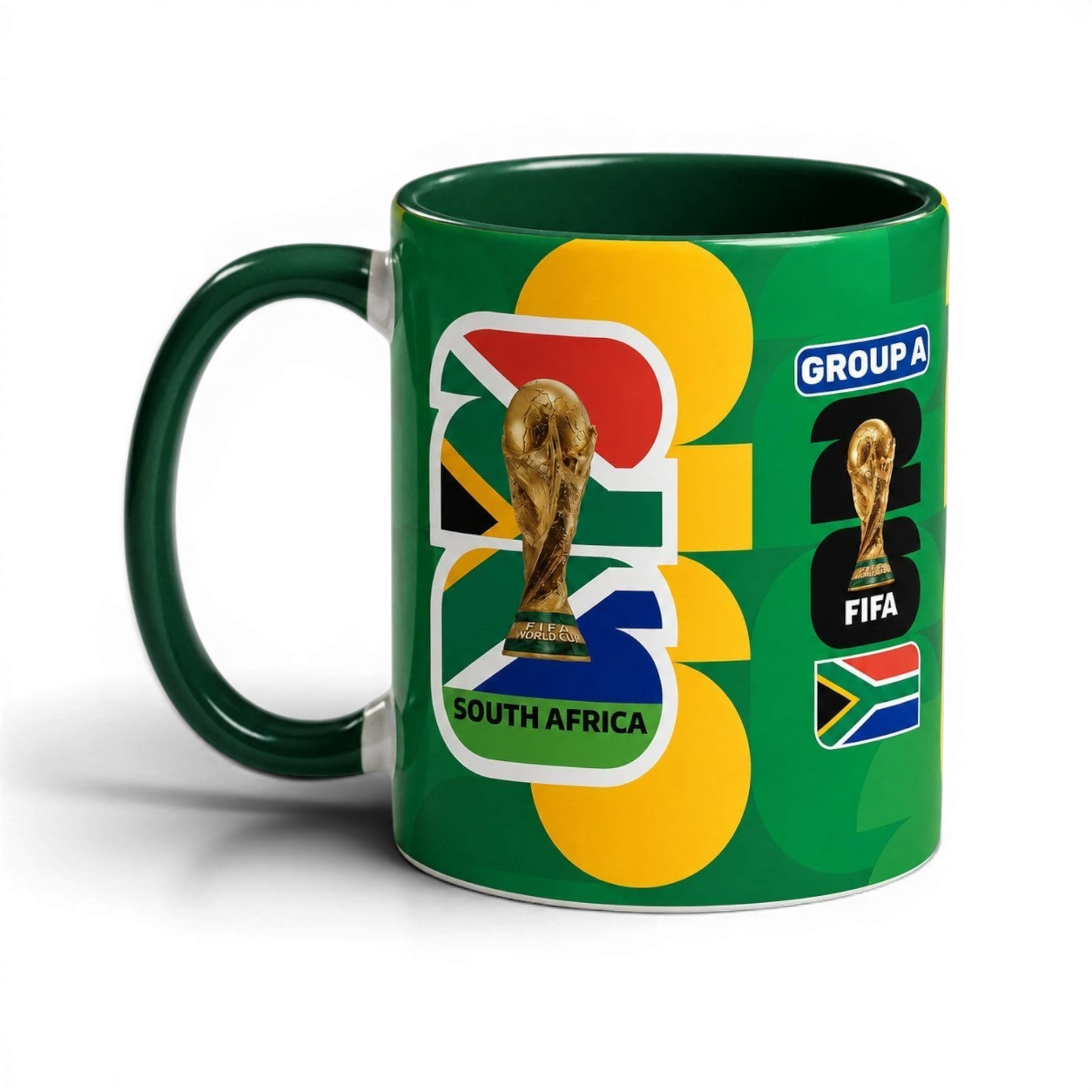 Fann Bliss 2026 FIFA World Cup South Africa ceramic mug with trophy and flag graphics on a deep green background