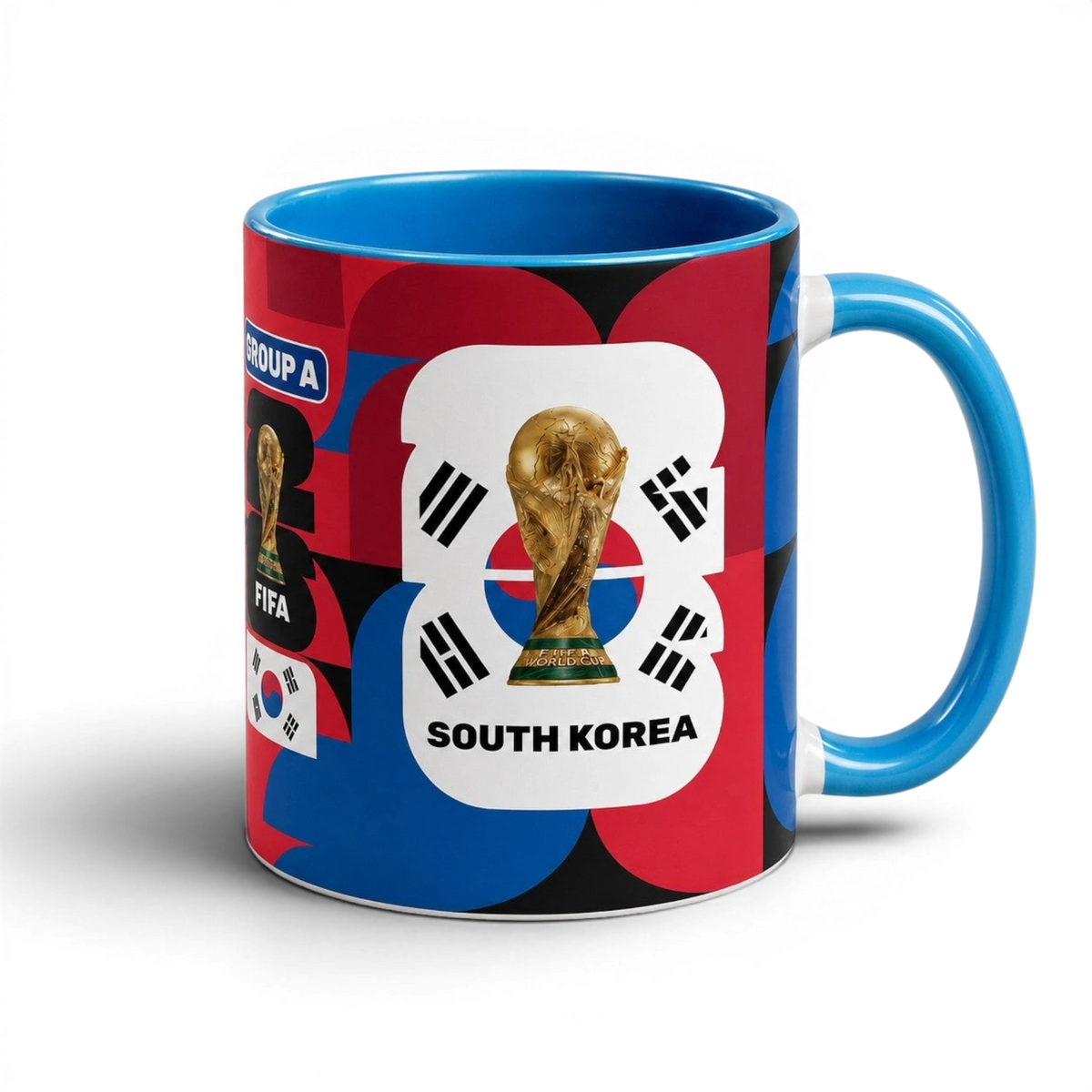 Fann Bliss South Korea World Cup ceramic mug with trophy graphic, blue interior, and red, blue, and black patterns.