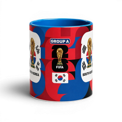 Fann Bliss South Korea FIFA World Cup ceramic mug with trophy graphic, blue interior, and red and blue geometric pattern