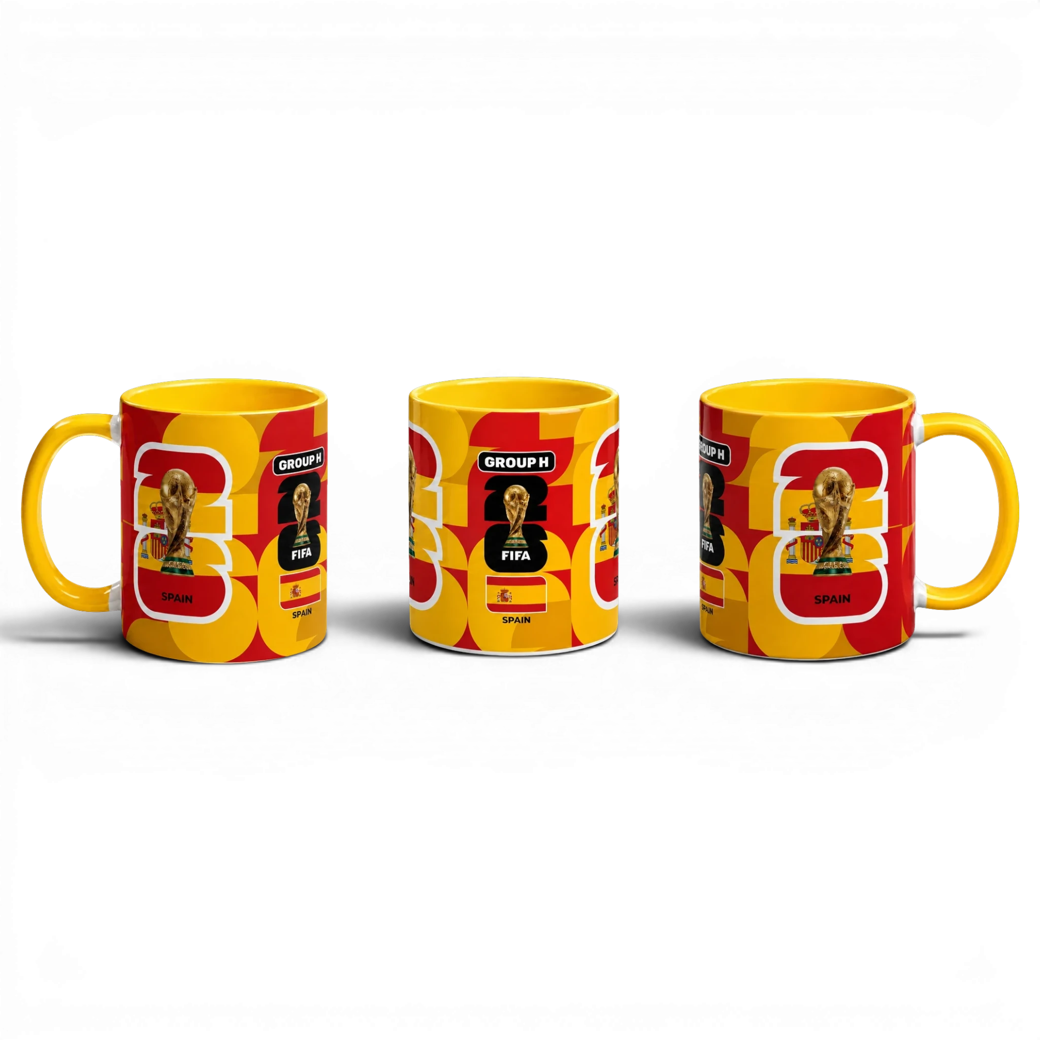 Fann Bliss Spain FIFA World Cup commemorative ceramic mug in red and yellow with trophy and flag design.