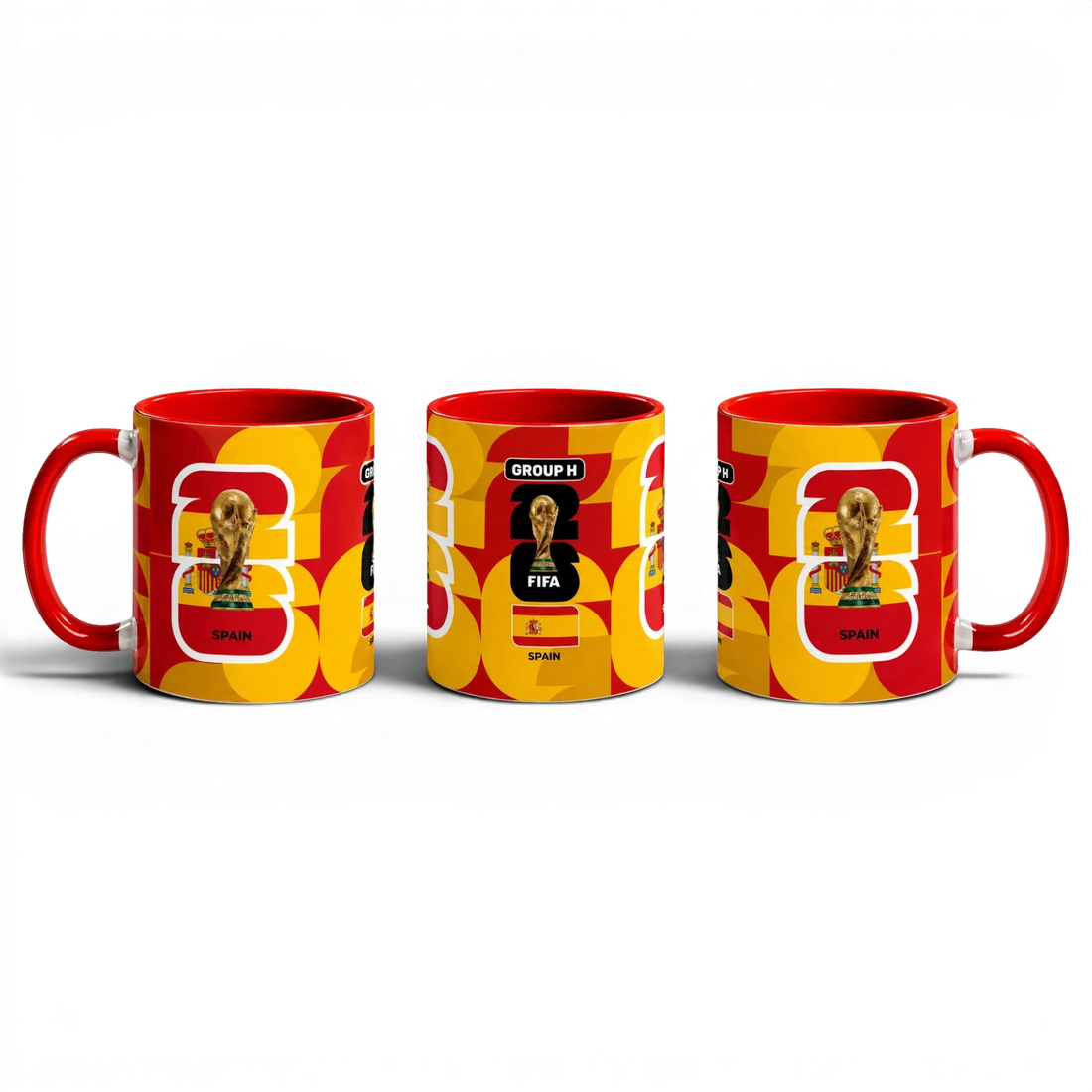 Fann Bliss Spain FIFA World Cup commemorative mug with Spanish flag and trophy design in red and yellow.