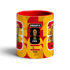 Fann Bliss Spain FIFA World Cup commemorative mug in red and yellow with trophy and flag graphics.