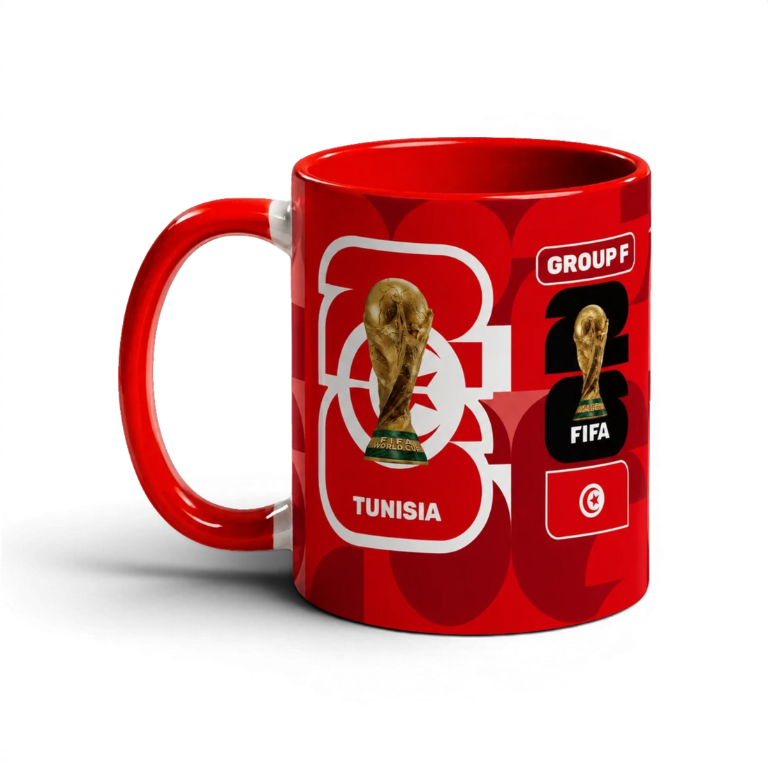 Fann Bliss Tunisia FIFA World Cup 2026 commemorative mug, red ceramic with trophy, flag, and team details.