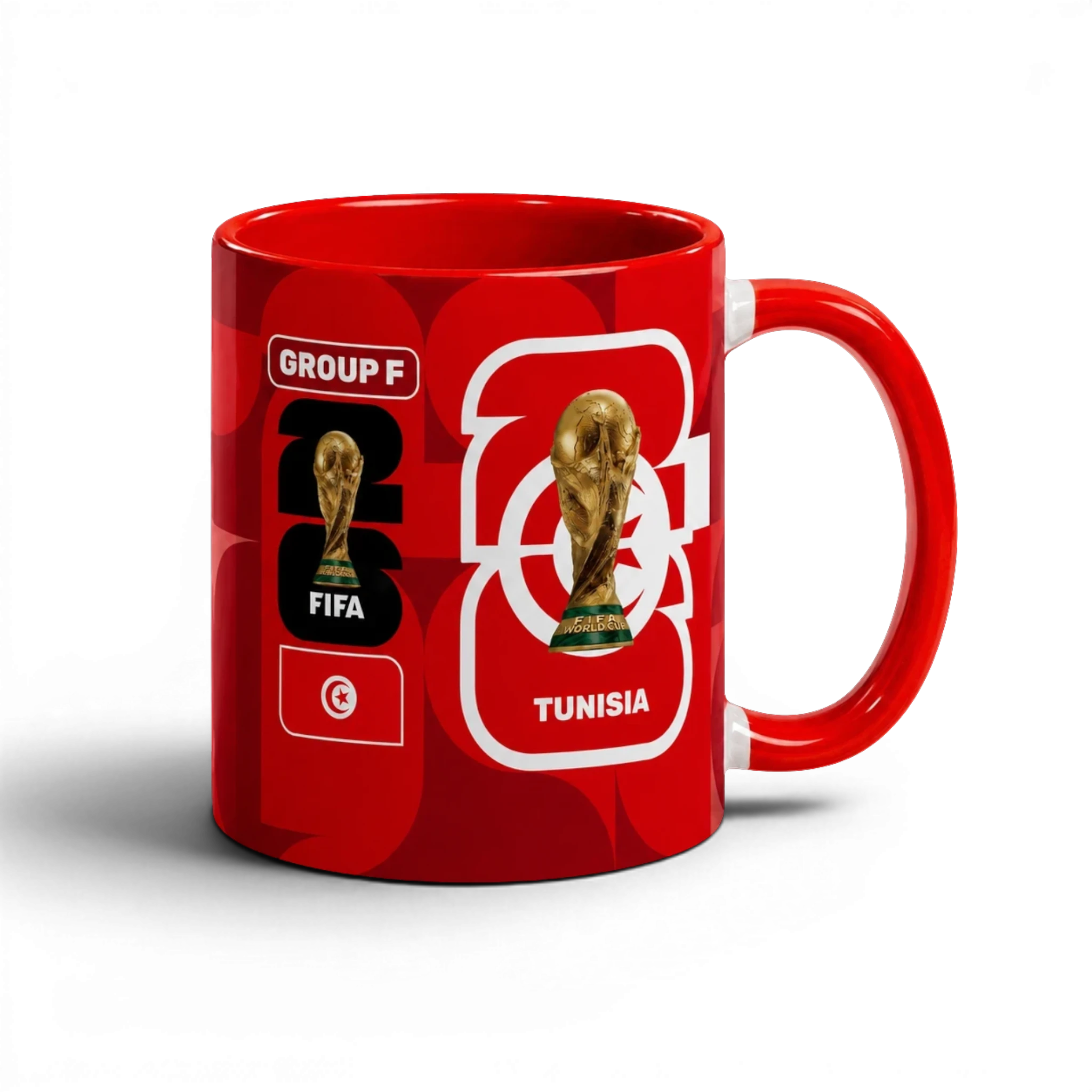 Fann Bliss Tunisia FIFA World Cup 2026 commemorative mug. Red ceramic with trophy, flag, and team details.