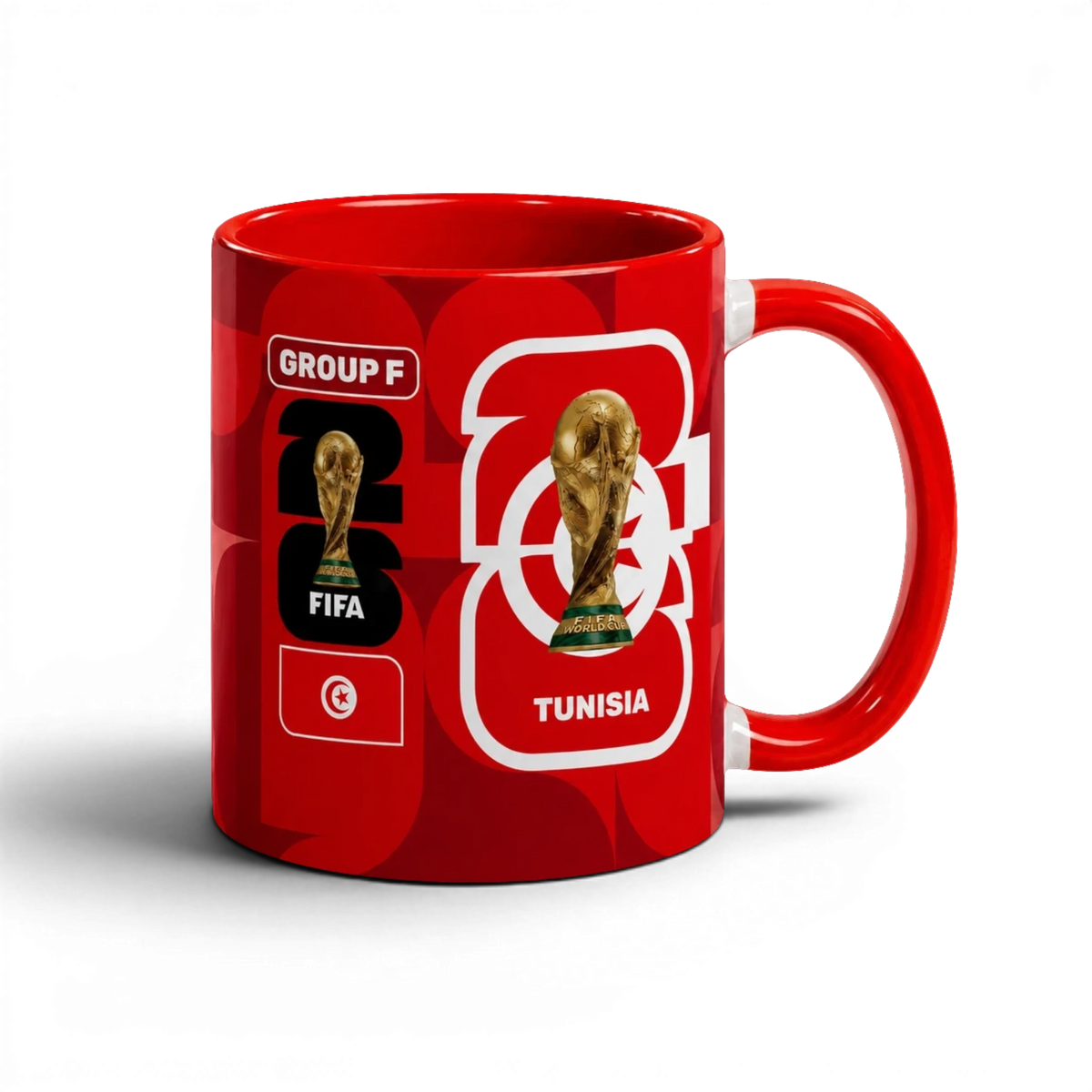 Fann Bliss Tunisia FIFA World Cup 2026 commemorative mug. Red ceramic with trophy, flag, and team details.