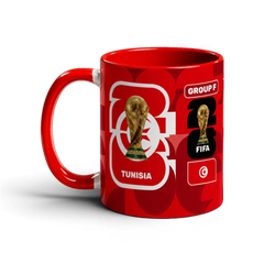 Fann Bliss Tunisia FIFA World Cup 2026 commemorative mug, red ceramic with trophy, flag, and team details.