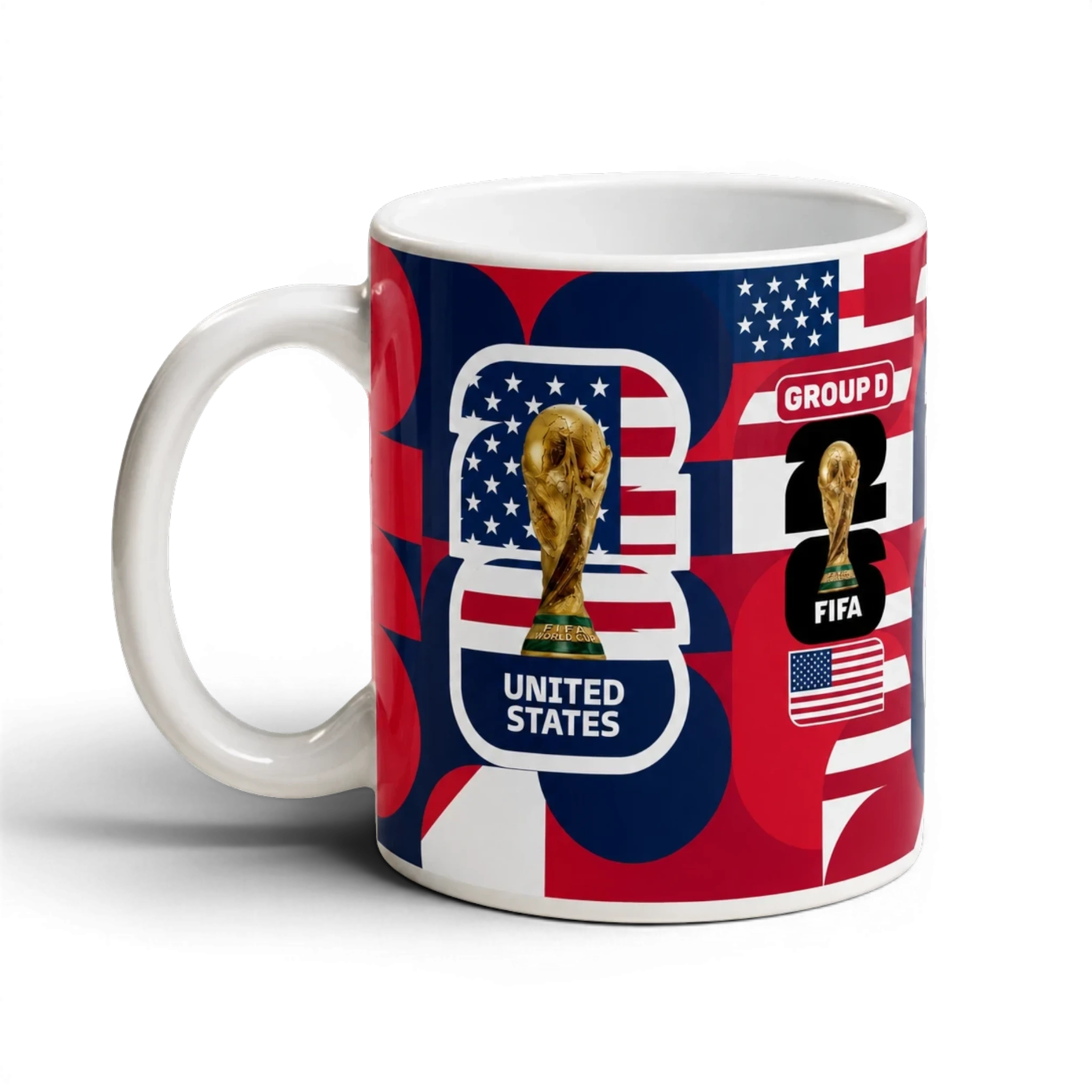 Fann Bliss United States FIFA World Cup 2026 commemorative ceramic mug with trophy and USA flag design.
