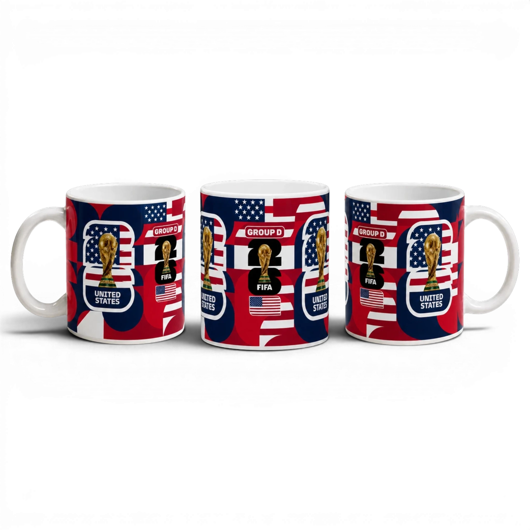 Fann Bliss United States FIFA World Cup 2026 commemorative ceramic mug with trophy, "United States" text, and Group D branding in red, white, and blue.