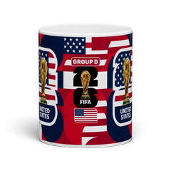 Fann Bliss United States FIFA World Cup 2026 commemorative mug with trophy, Group D, and US flag design.