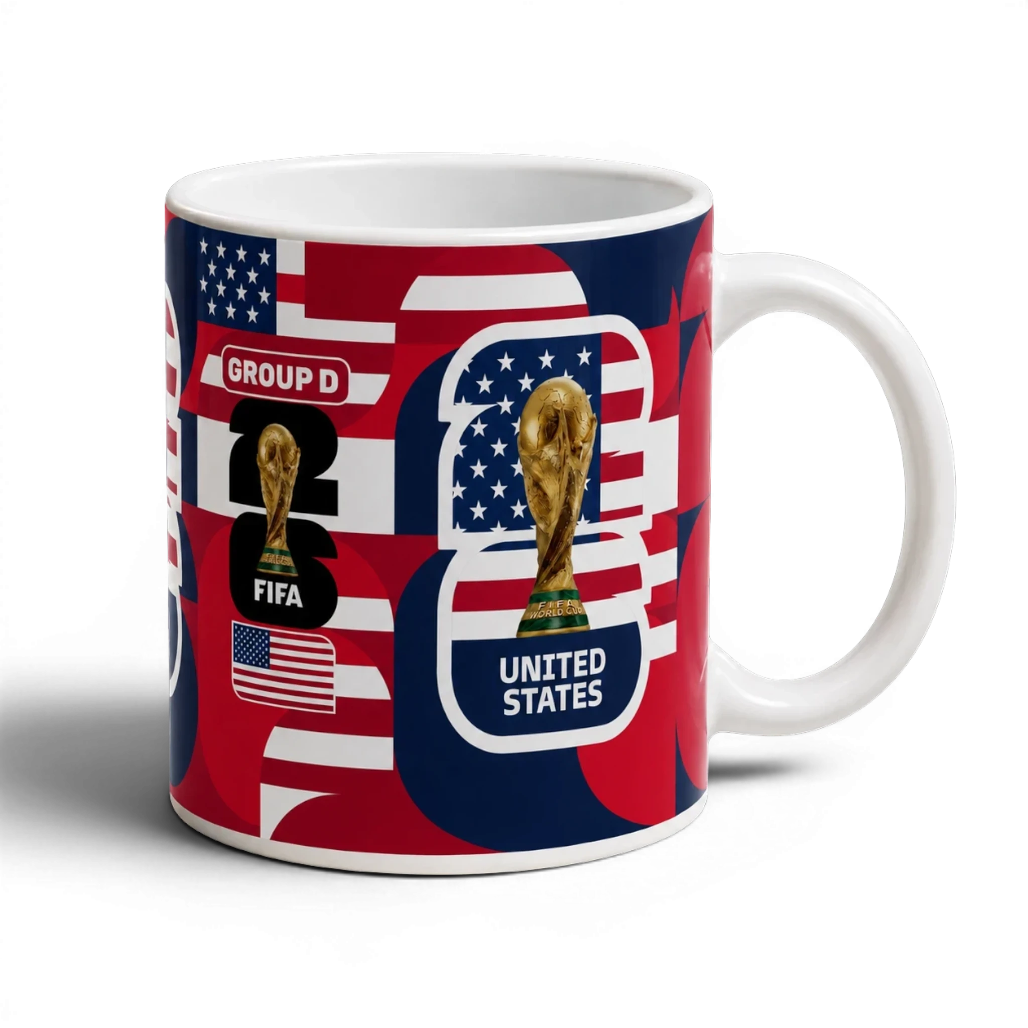 Fann Bliss United States FIFA World Cup 2026 commemorative mug with trophy, "Group D", "FIFA", and "United States" text. Red, white, and blue design.