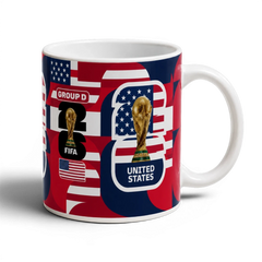 Fann Bliss United States FIFA World Cup 2026 commemorative mug with trophy, "Group D", "FIFA", and "United States" text. Red, white, and blue design.