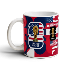 Fann Bliss United States FIFA World Cup 2026 commemorative ceramic mug with trophy and USA flag design.