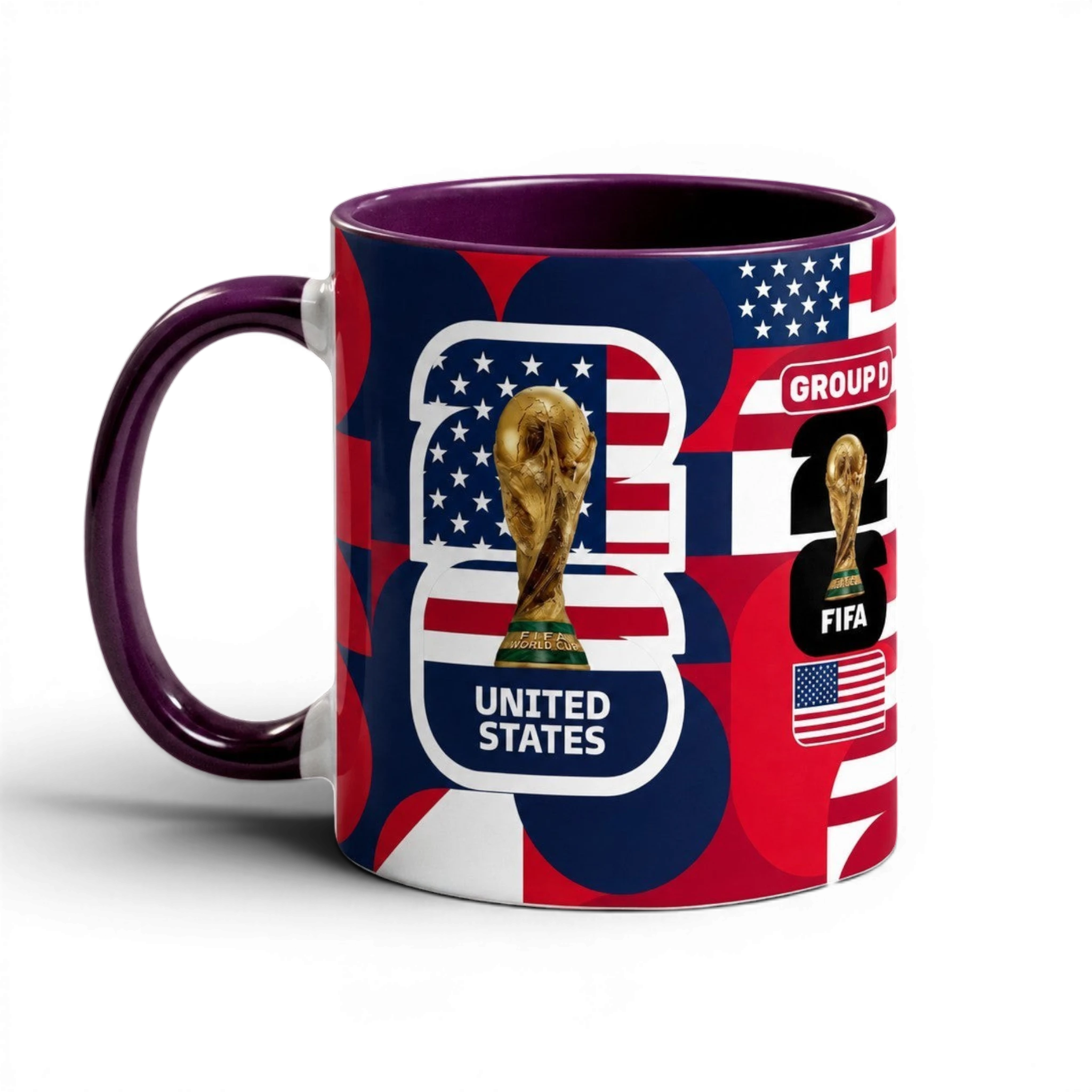Fann Bliss ceramic mug featuring United States World Cup 2026 graphics, trophy, and red, white, and blue design.