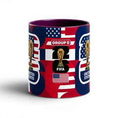 Fann Bliss ceramic mug featuring United States World Cup 2026 graphics, FIFA trophy, and red, white, and blue design.