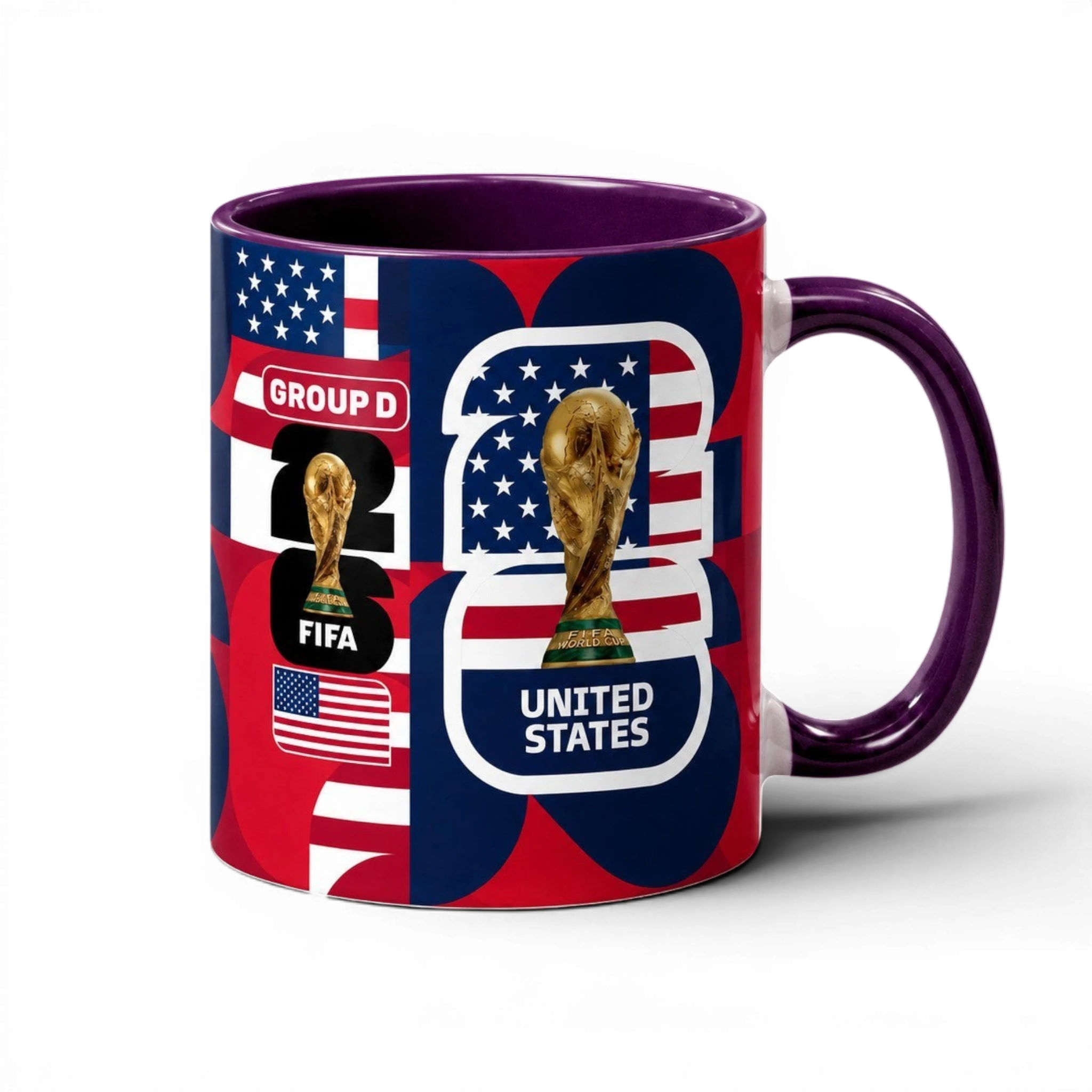 Fann Bliss ceramic mug featuring United States World Cup graphics, FIFA trophy, and red, white, and blue design.