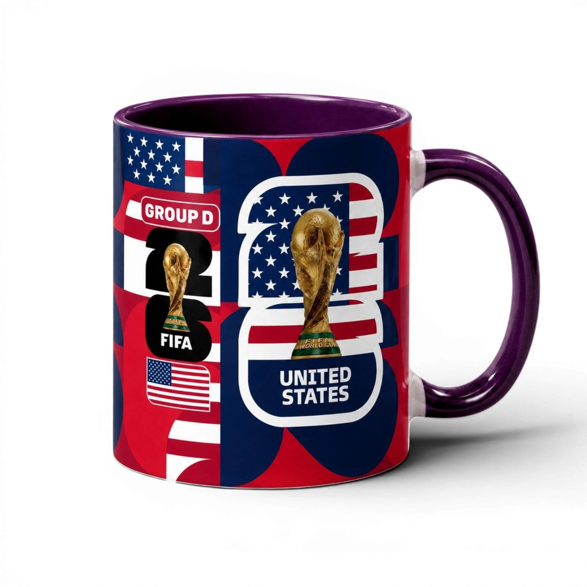 Fann Bliss ceramic mug featuring United States World Cup graphics, FIFA trophy, and red, white, and blue design.