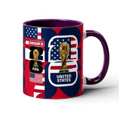 Fann Bliss ceramic mug featuring United States World Cup graphics, FIFA trophy, and red, white, and blue design.