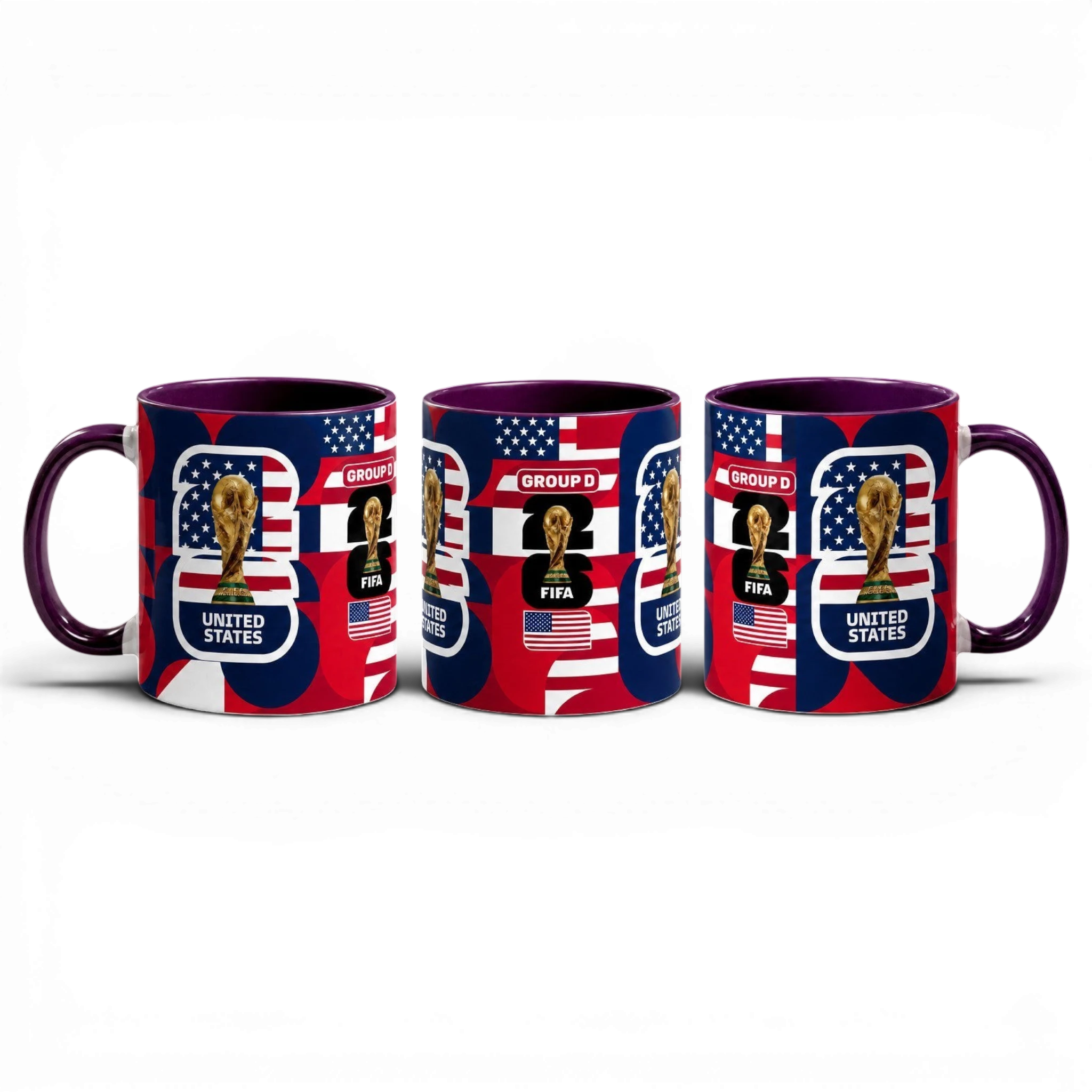 Fann Bliss ceramic mug featuring United States World Cup 2026 graphics, trophy, and red, white, and blue design.
