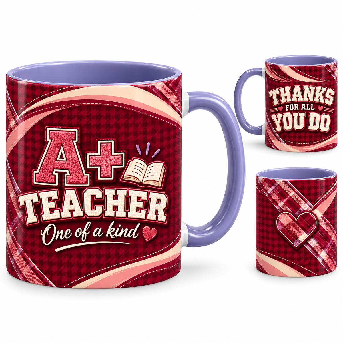 A Plus Teacher Mug – 320ml, light purple ceramic mug, views of the full-wrap Teacher’s Day design