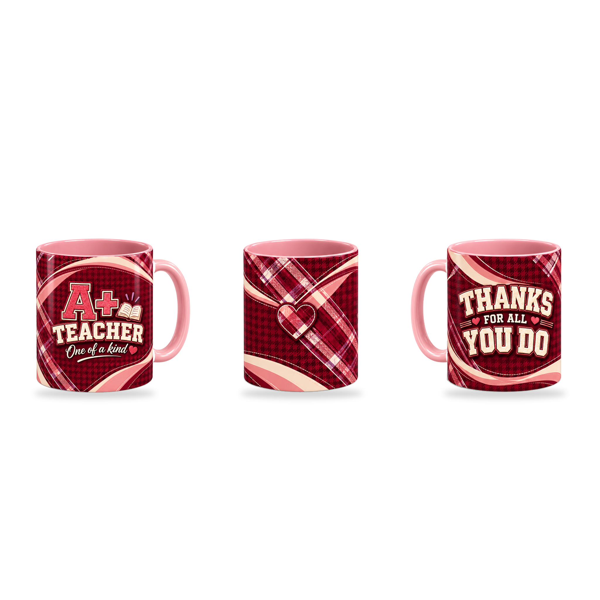 A Plus Teacher Mug – 320ml, Pink ceramic mug, three-angle overview of the Teacher’s Day artwork