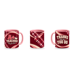 A Plus Teacher Mug – 320ml, Pink ceramic mug, three-angle overview of the Teacher’s Day artwork