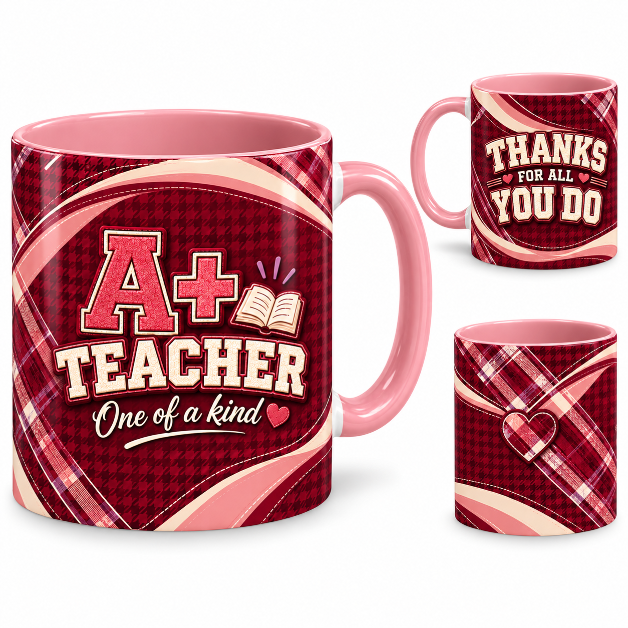A Plus Teacher Mug – 320ml, pink ceramic mug, views of the full-wrap Teacher’s Day design