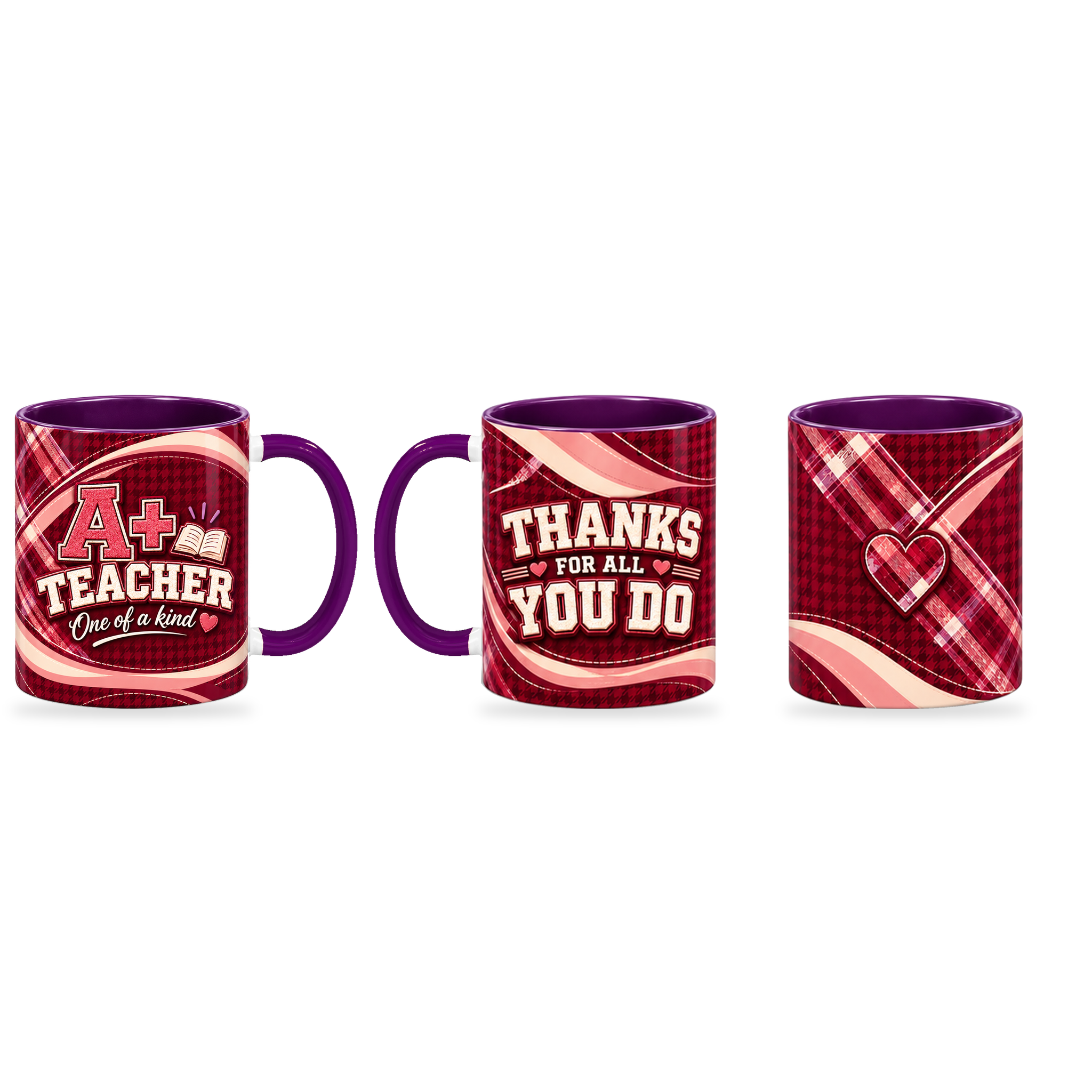 A Plus Teacher Mug – 320ml — right, left and front views together on a transparent background