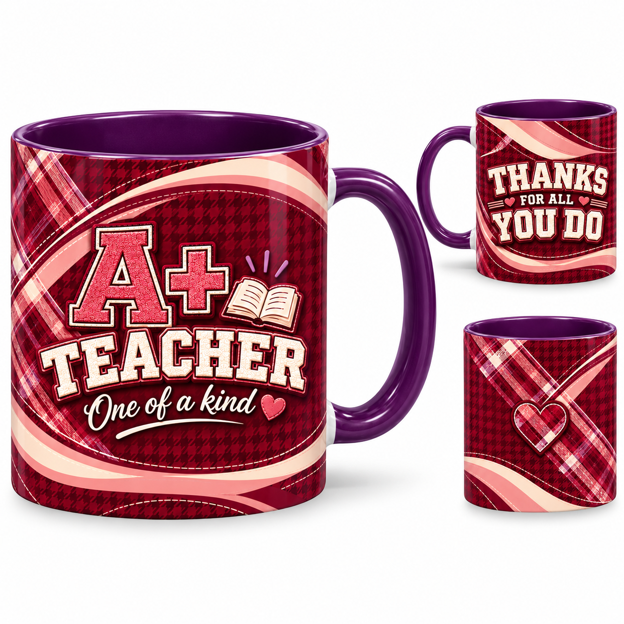 A Plus Teacher Mug – 320ml, purple ceramic mug, views of the full-wrap Teacher’s Day design