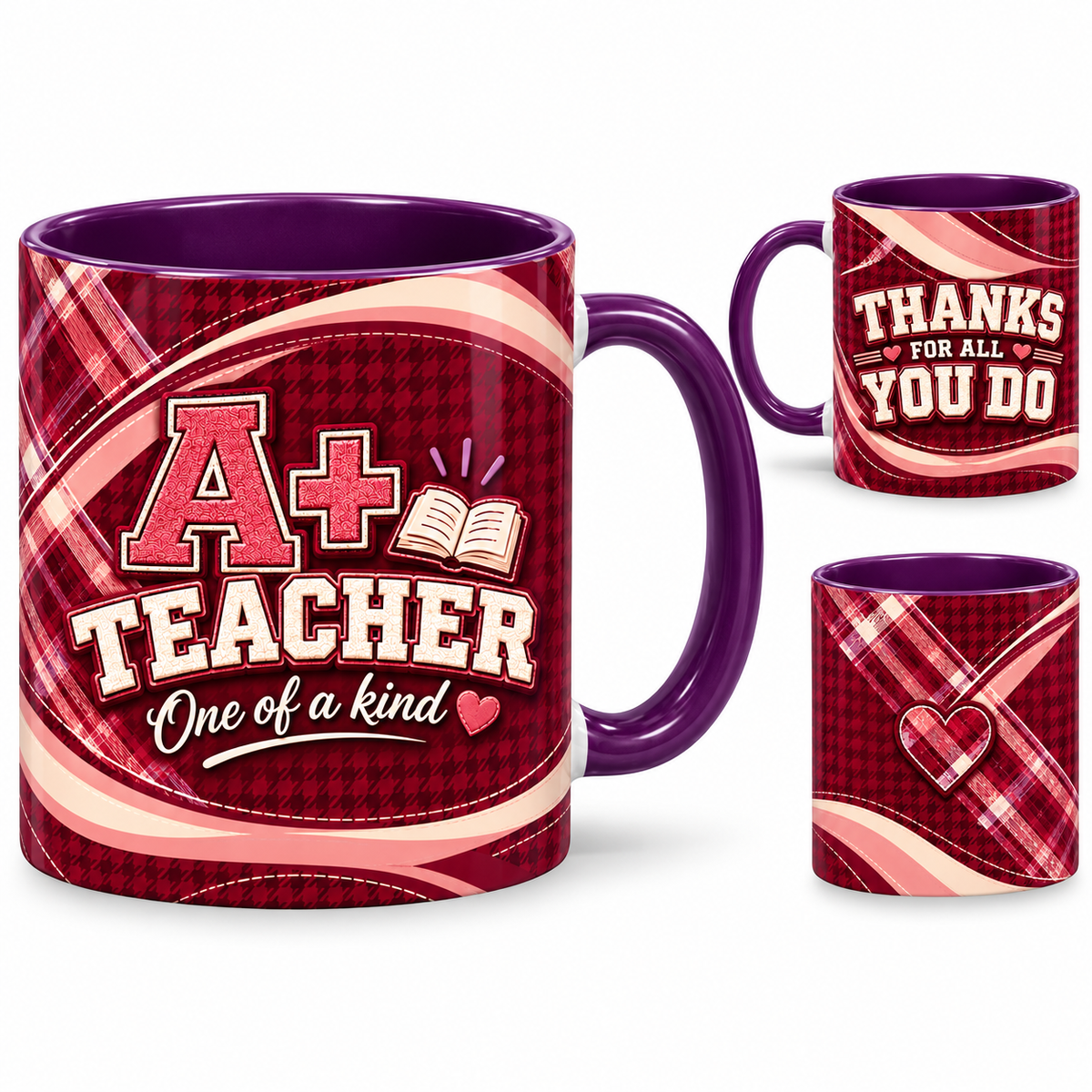 A Plus Teacher Mug – 320ml, purple ceramic mug, views of the full-wrap Teacher’s Day design