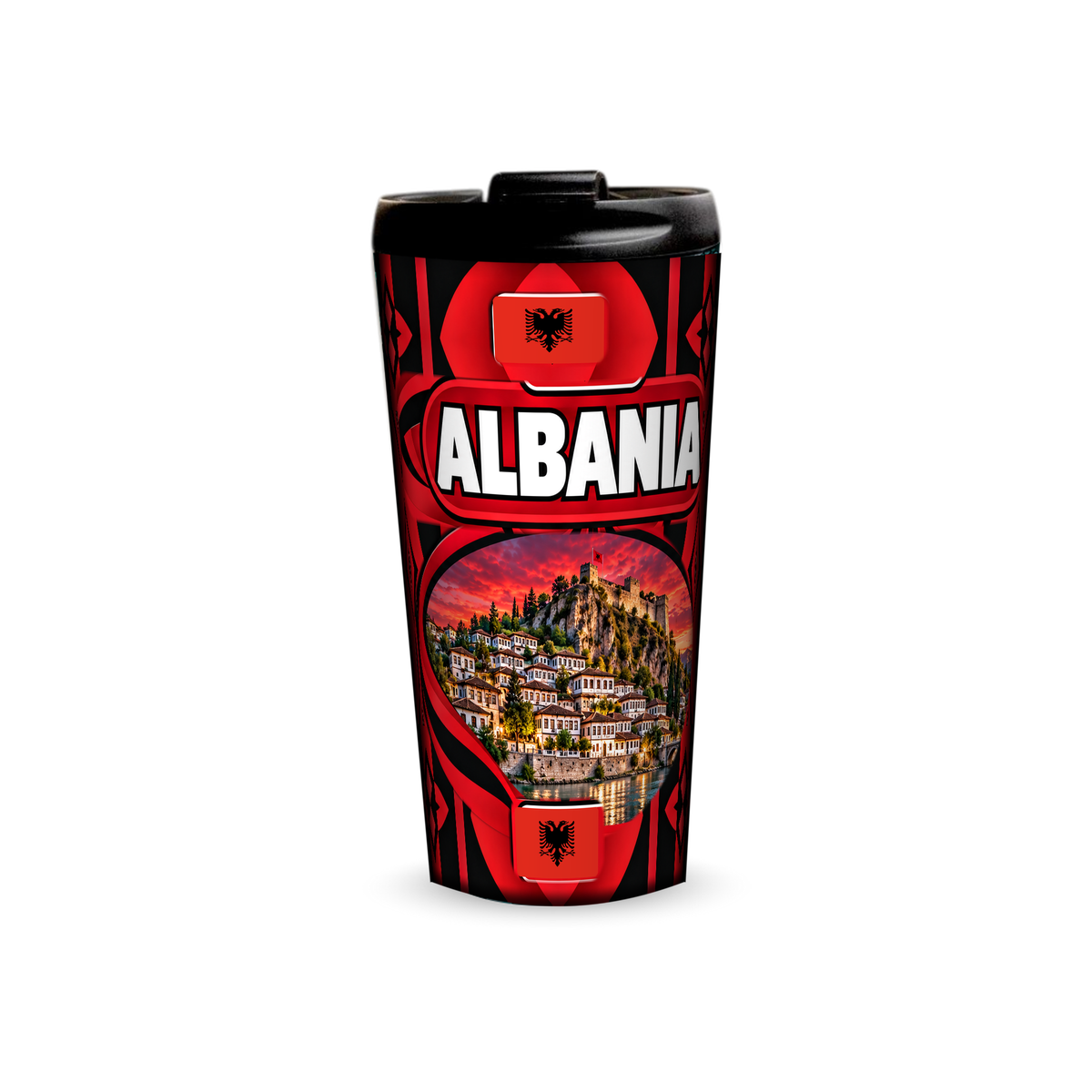 Albania 480ml tumbler front view with country design