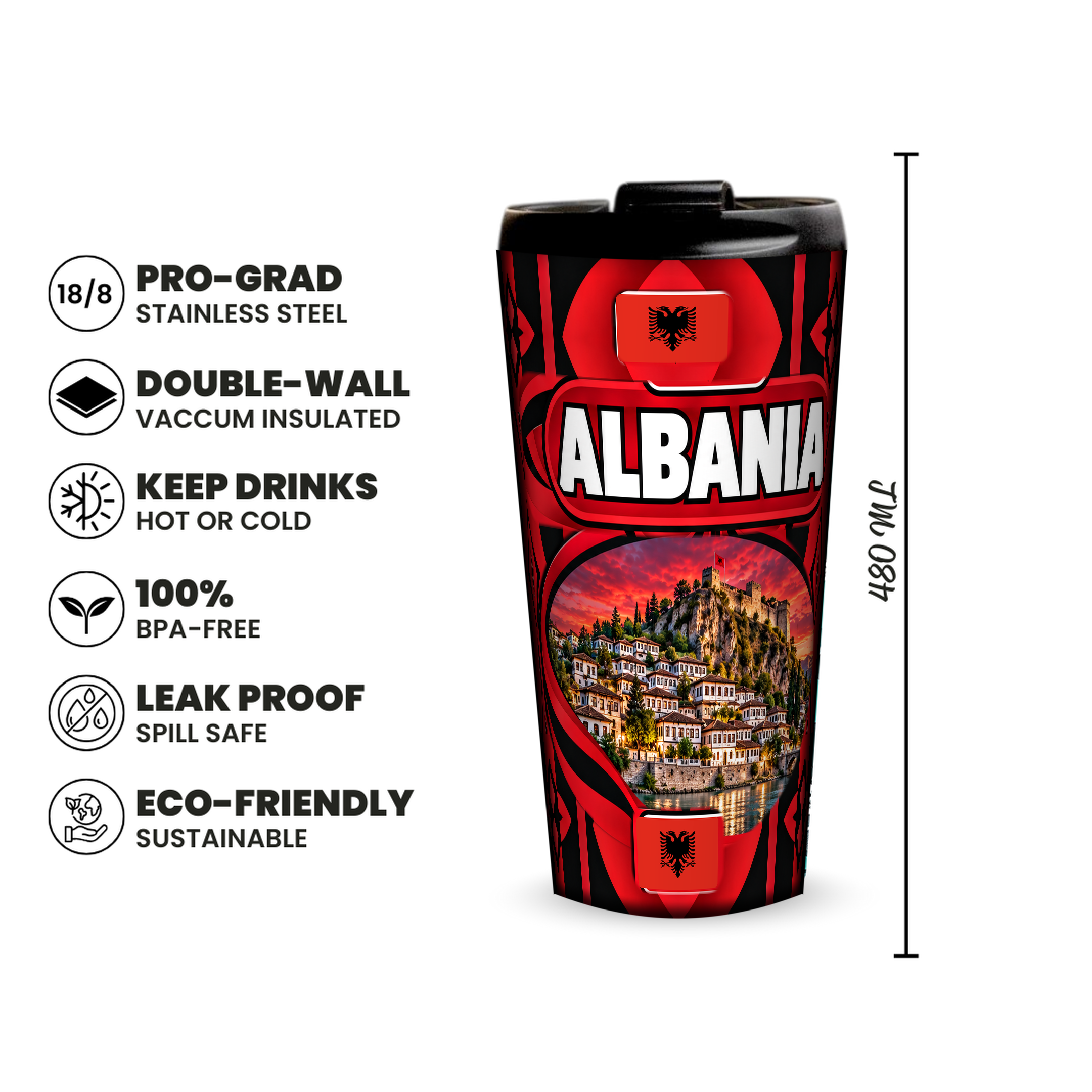 Albania 480ml insulated tumbler features and size