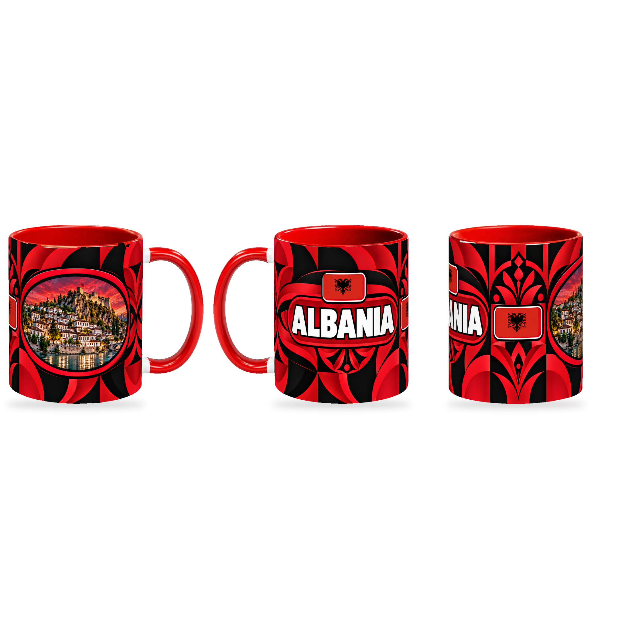 Albania Mug – 320ml — three matching angles together on a white background with a soft shadow