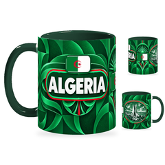 Algeria Mug – 320ml with dark green handle, showing the country-name side plus companion centered-flag and landmark views of the glossy full-wrap design by Fann Bliss.