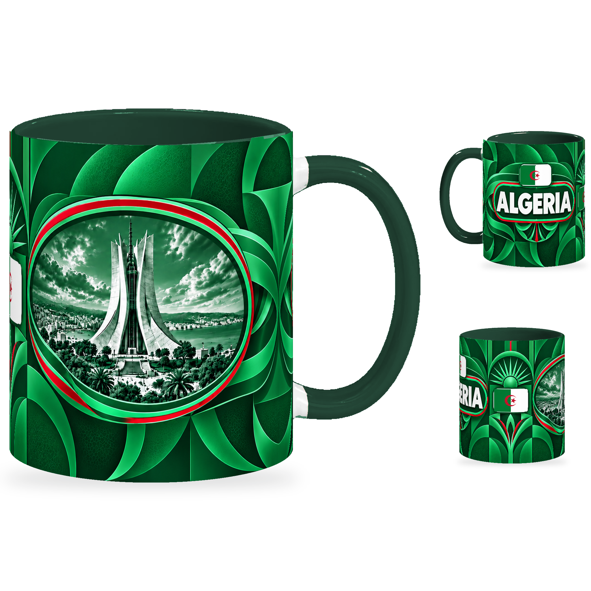 Algeria Mug – 320ml with dark green handle, showing the landmark side plus companion country-name and centered-flag views of the glossy full-wrap design by Fann Bliss.