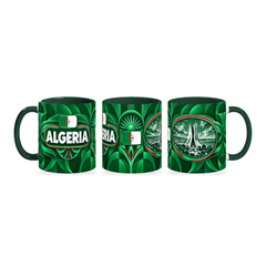 Algeria Mug – 320ml with dark green handle, shown in three matching angles of the glossy full-wrap design by Fann Bliss.