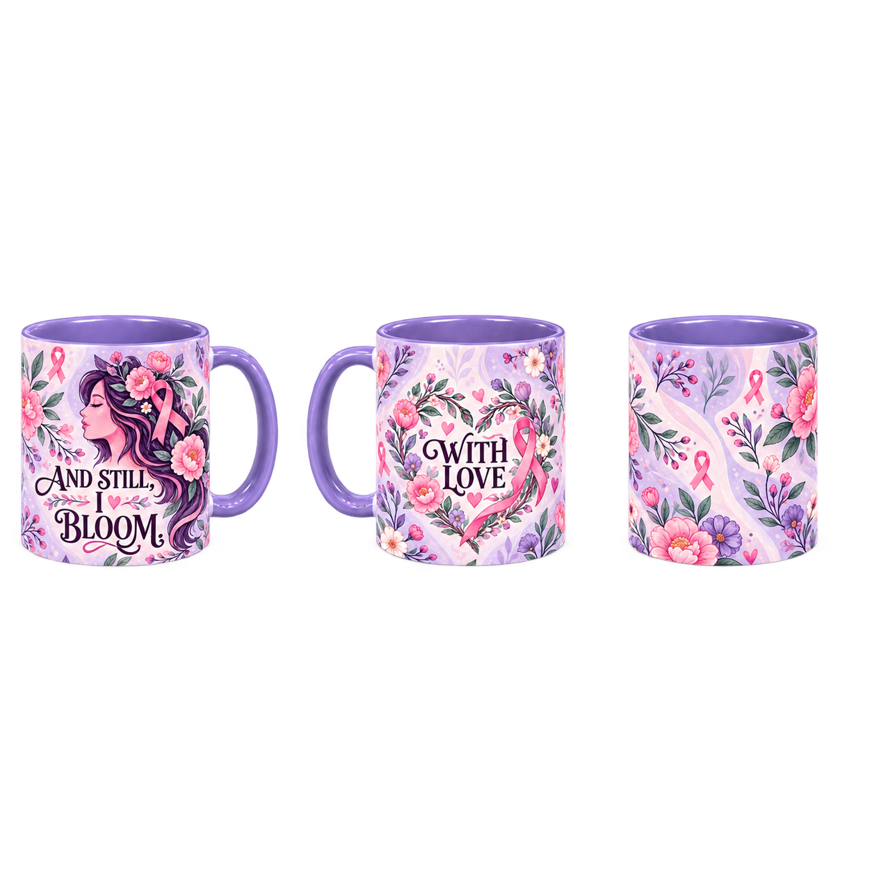 And Still I Bloom Pinktober Mug – Light Purple, 320ml, three-view overview