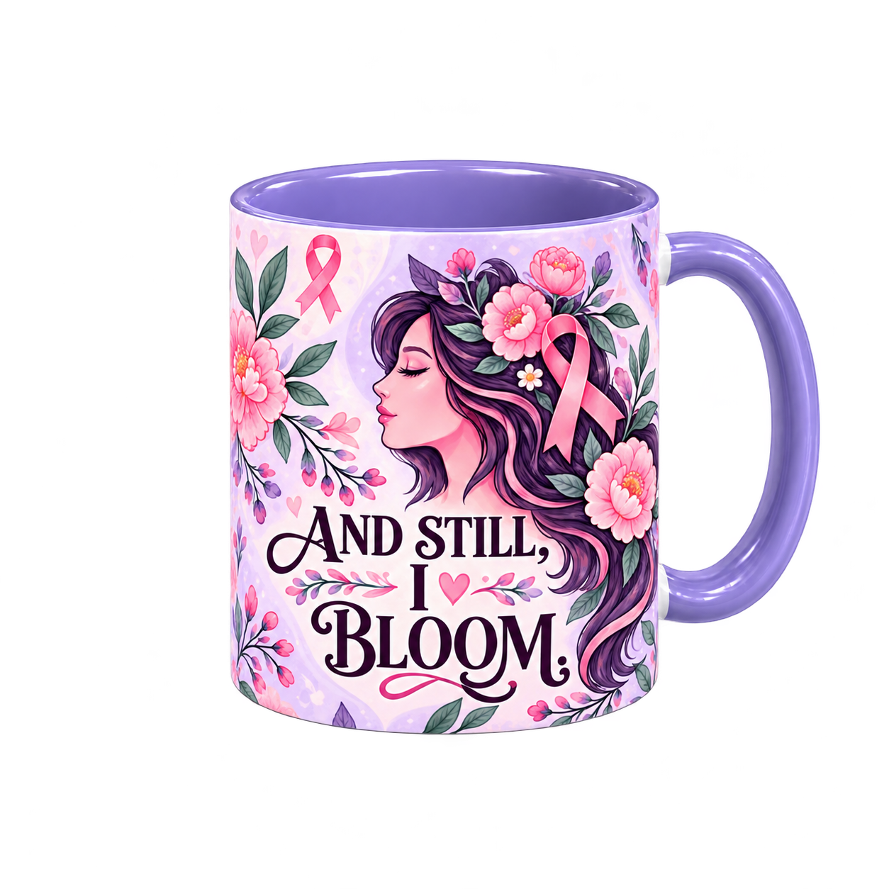 And Still I Bloom Pinktober Mug – Light Purple, 320ml, right handle view