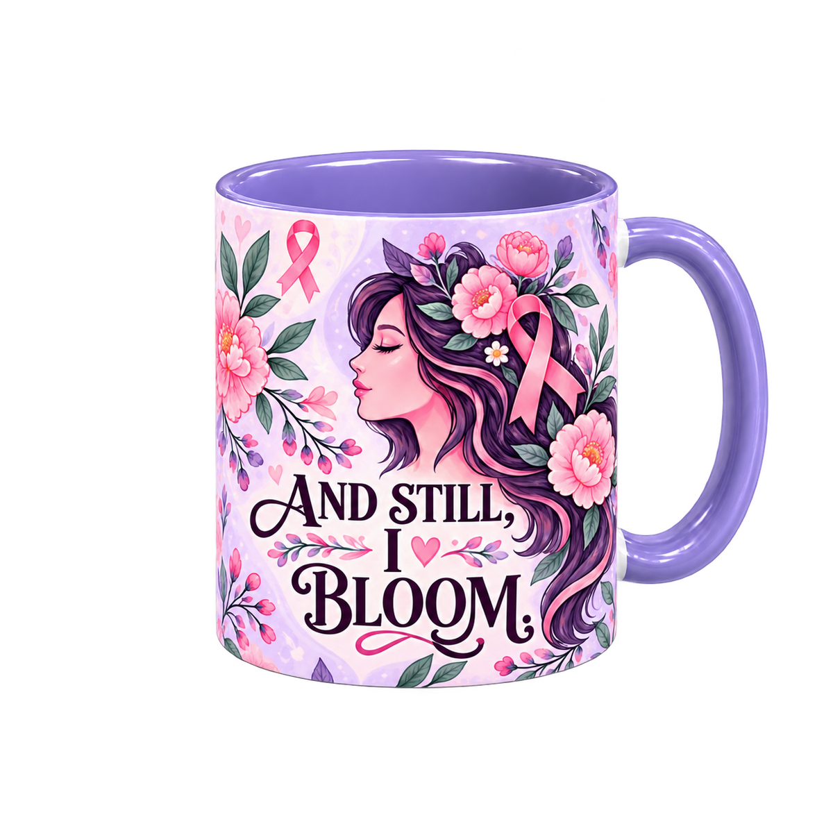 And Still I Bloom Pinktober Mug – Light Purple, 320ml, right handle view