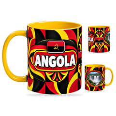 Angola Mug – 320ml with yellow handle, showing the country-name side plus companion centered-flag and landmark views of the glossy full-wrap design by Fann Bliss.