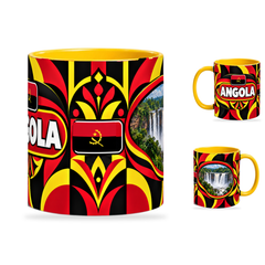 Angola Mug – 320ml with yellow handle, showing the centered flag view plus companion country-name and landmark views of the glossy full-wrap design by Fann Bliss.