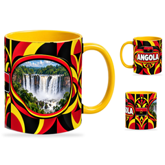 Angola Mug – 320ml with yellow handle, showing the landmark side plus companion country-name and centered-flag views of the glossy full-wrap design by Fann Bliss.