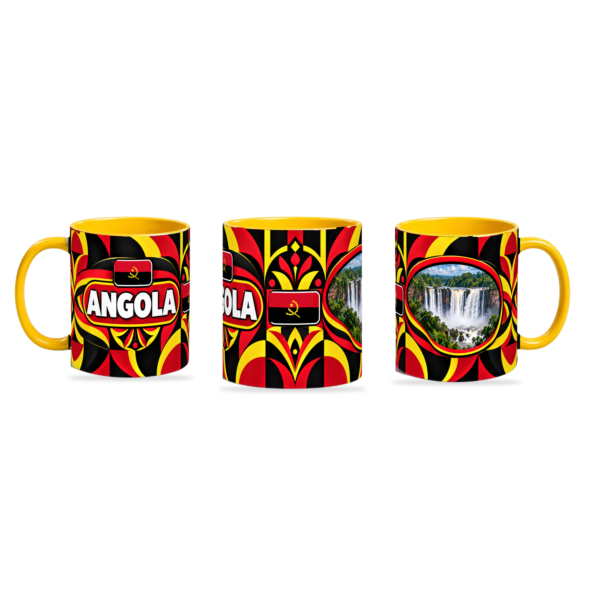 Angola Mug – 320ml with yellow handle, shown in three matching angles of the glossy full-wrap design by Fann Bliss.