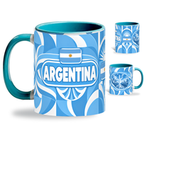 Argentina Mug – 320ml with teal handle, showing the country-name side plus companion centered-flag and landmark views of the glossy full-wrap design by Fann Bliss.