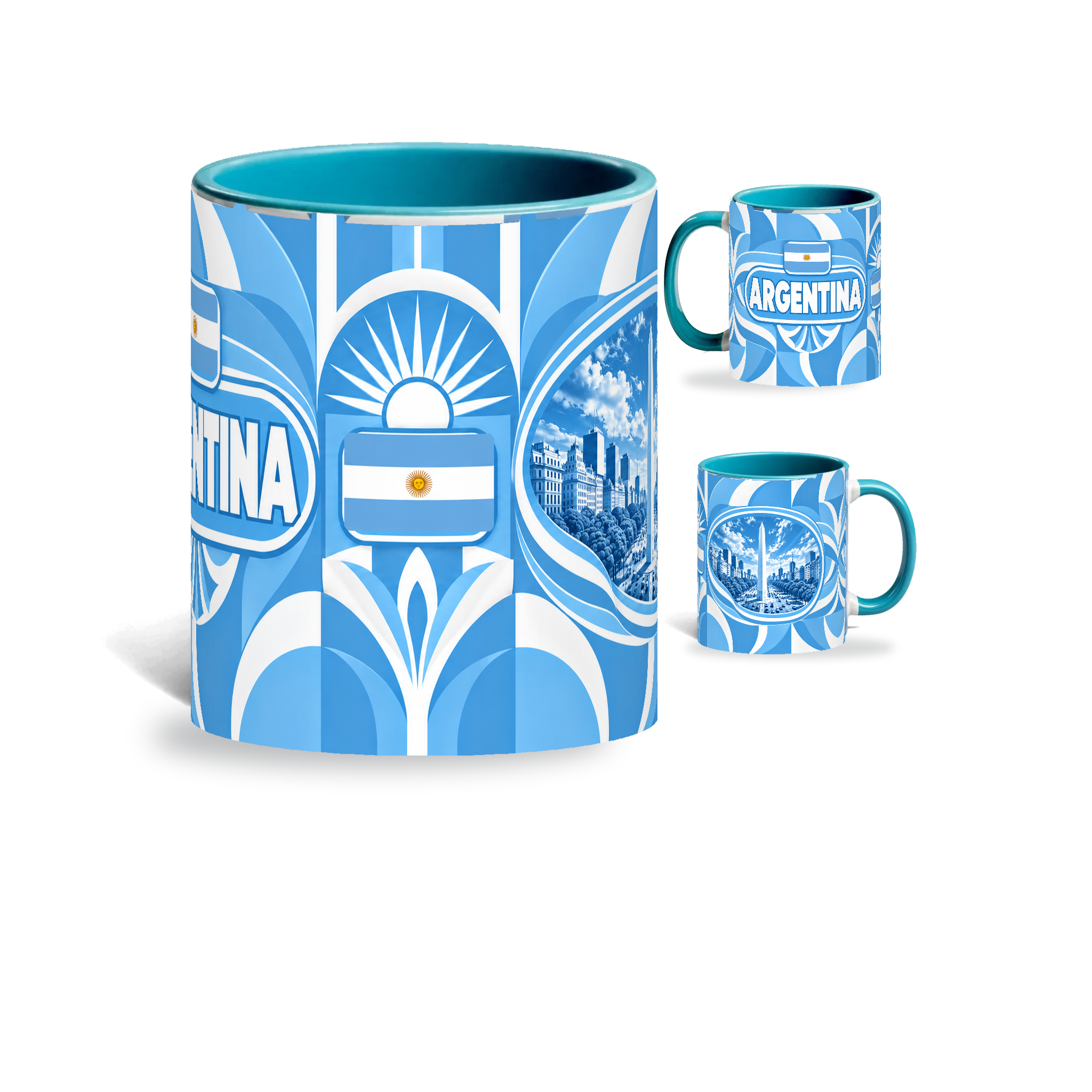 Argentina Mug – 320ml with teal handle, showing the centered flag view plus companion country-name and landmark views of the glossy full-wrap design by Fann Bliss.