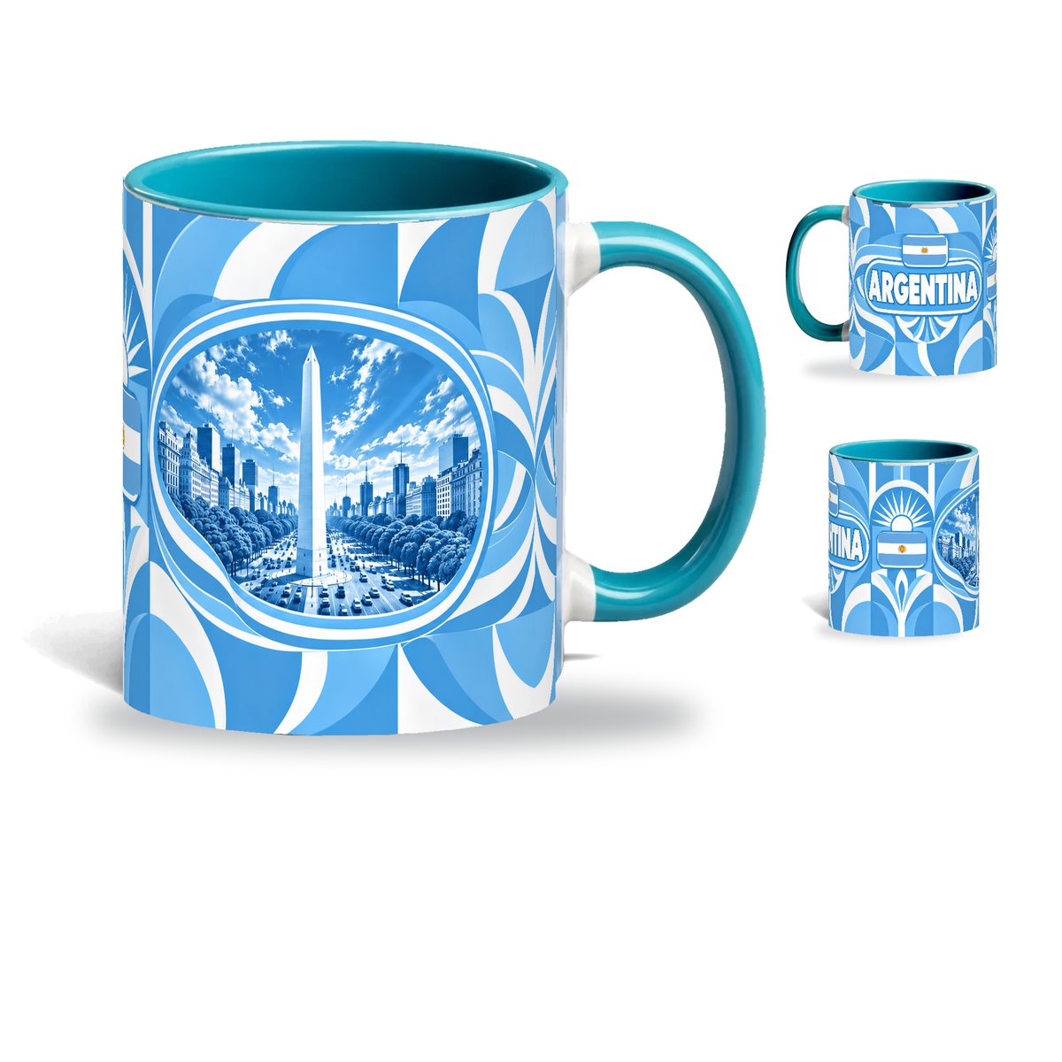 Argentina Mug – 320ml with teal handle, showing the landmark side plus companion country-name and centered-flag views of the glossy full-wrap design by Fann Bliss.