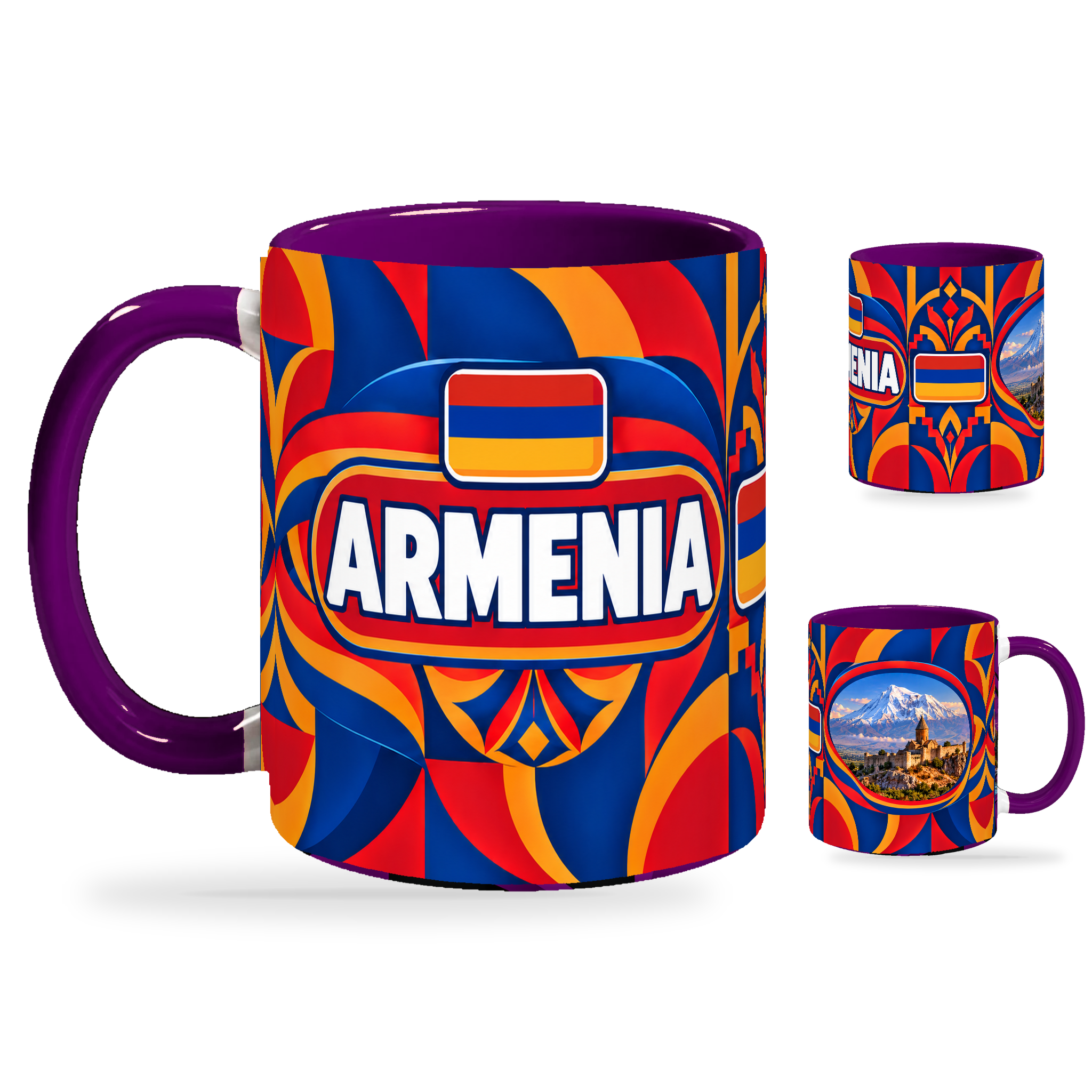 Armenia Mug Purple – 320ml with purple handle, showing the country-name side plus companion centered-flag and landmark views of the glossy full-wrap design by Fann Bliss.