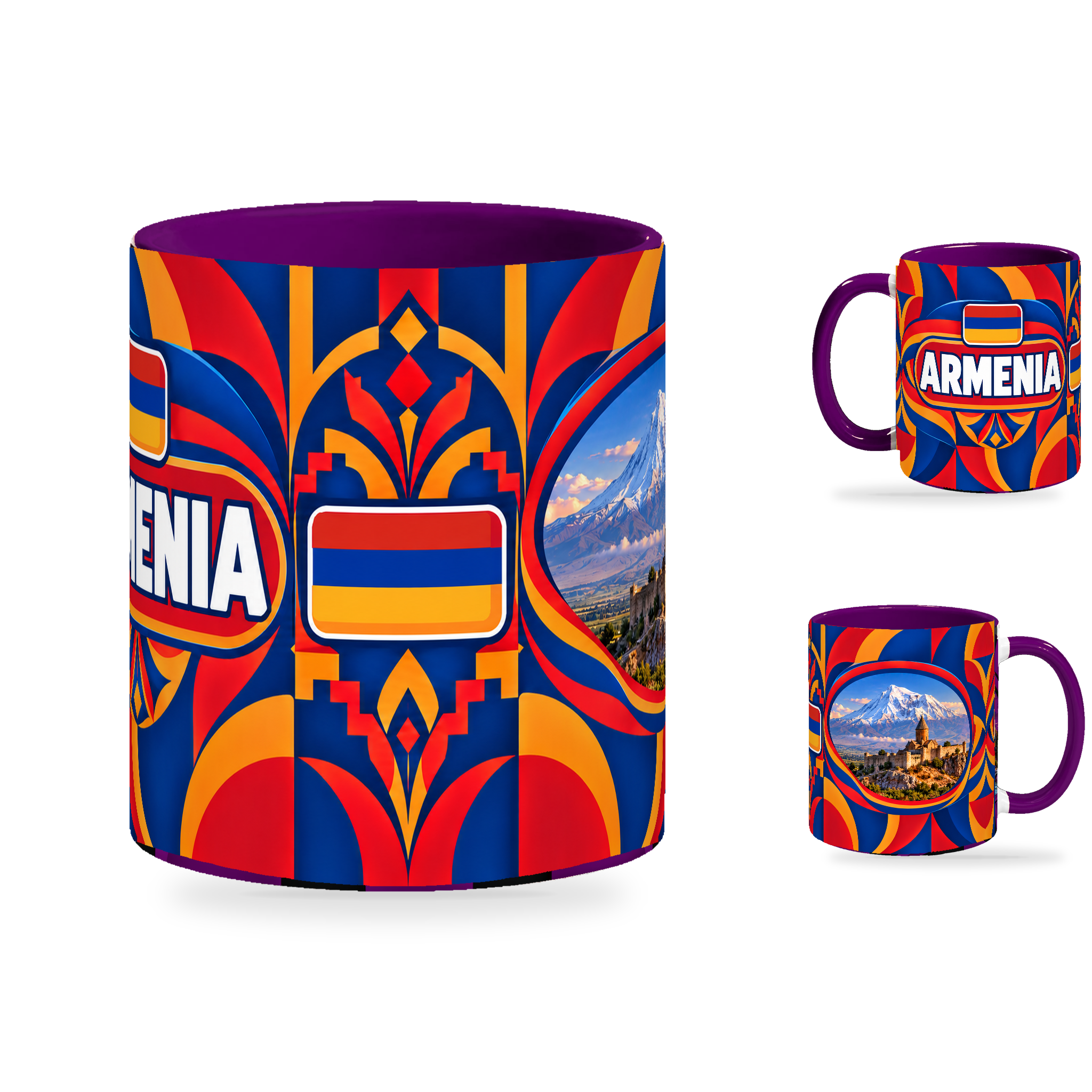 Armenia Mug Purple – 320ml with purple handle, showing the centered flag view plus companion country-name and landmark views of the glossy full-wrap design by Fann Bliss.