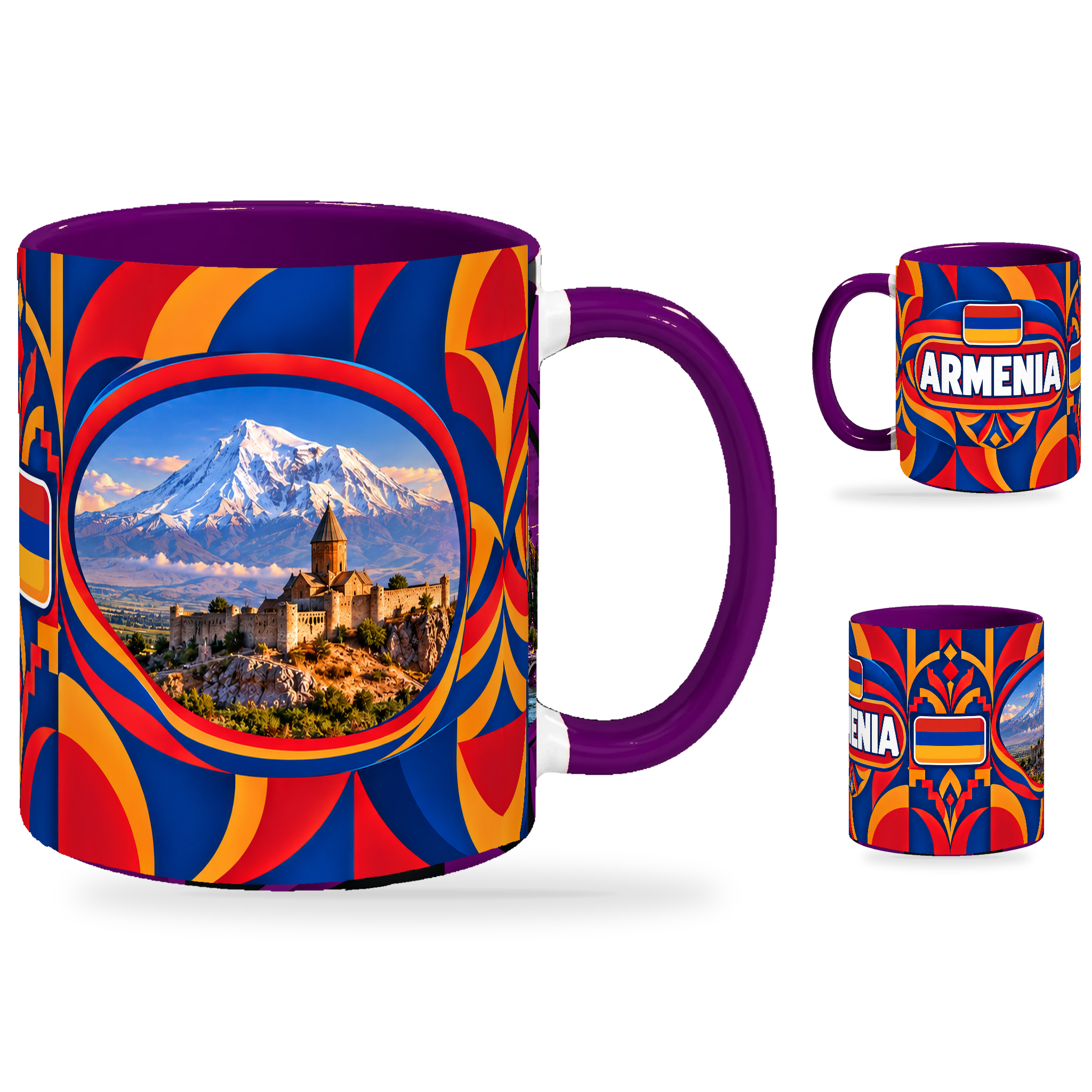 Armenia Mug Purple – 320ml with purple handle, showing the landmark side plus companion country-name and centered-flag views of the glossy full-wrap design by Fann Bliss.